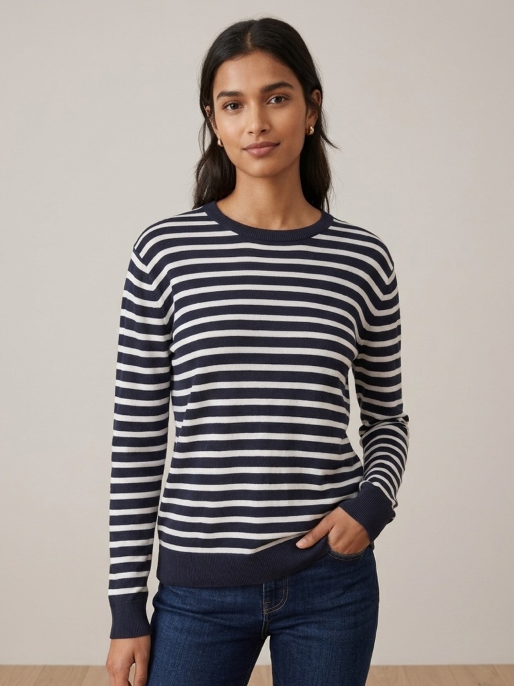 Club Monaco Navy and White Striped Crewneck Sweater